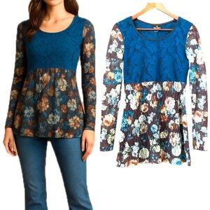 🇨🇦 Y2k Floral Lace Mesh Empire Waist Long Sleeve Top Med Forest Fairy Whimsical